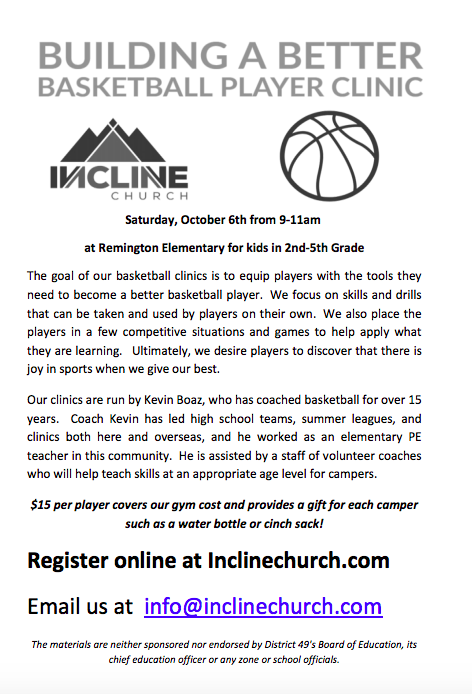 Basketball Clinic Flyer, register online at inclinechurch.com 